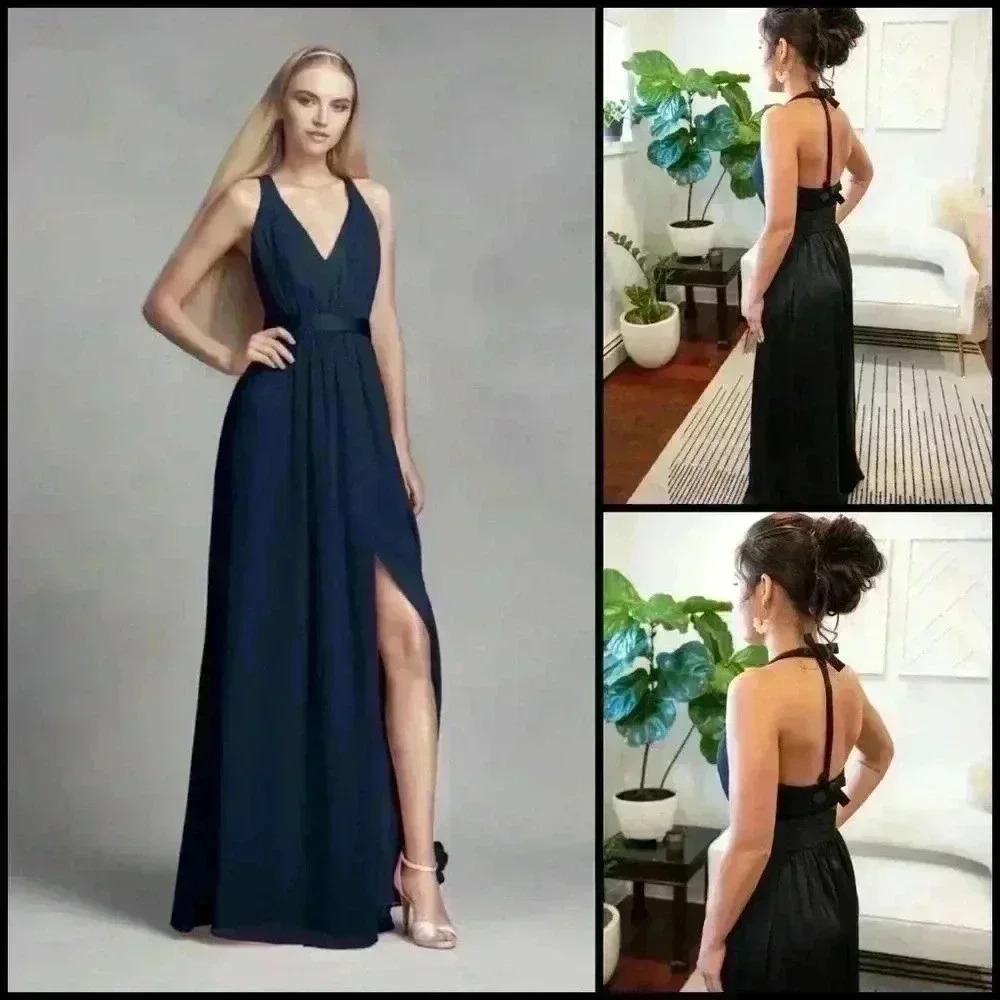 New Vera Wang White V Neck Halter Bow Formal Wedding Blue Gown With Sash Size 6